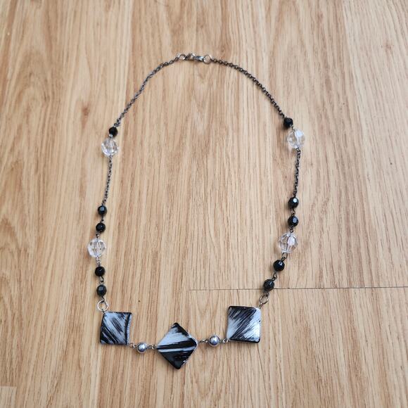 Black White Acrylic Geometric Bead Necklace Clear Crystal Gunmetal Statement - Picture 8 of 8